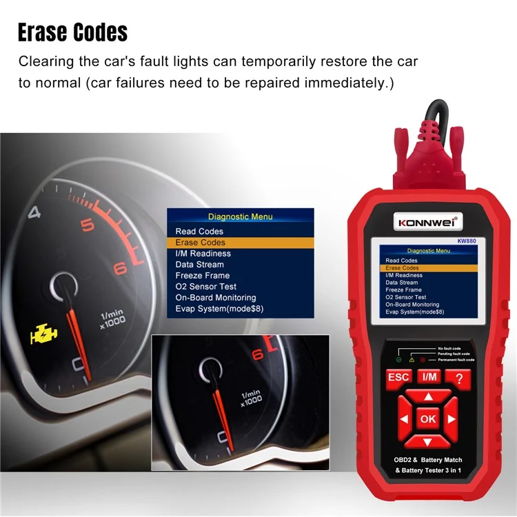 Ferramentas de diagnóstico automotivo KONNWEI KW880 e testador de bateria de carro & Dispositivo detector multi-função 3 em 1