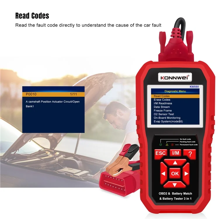 Ferramentas de diagnóstico automotivo KONNWEI KW880 e testador de bateria de carro & Dispositivo detector multi-função 3 em 1