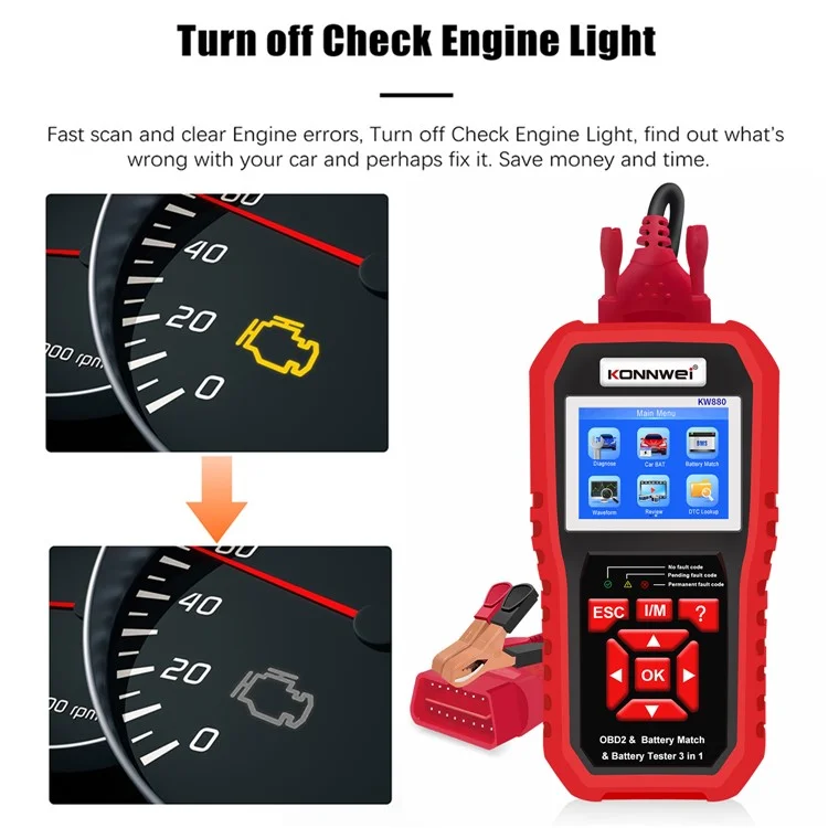 Konnwei KW880 Ferramentas de Diagnóstico de Carro & Testador de Bateria de Carro & Bateria de Carro Corresponde a 3 em 1 Dispositivo de Detector Multifuncional