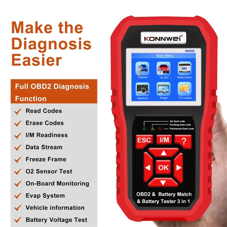 Ferramentas de diagnóstico automotivo KONNWEI KW880 e testador de bateria de carro & Dispositivo detector multi-função 3 em 1