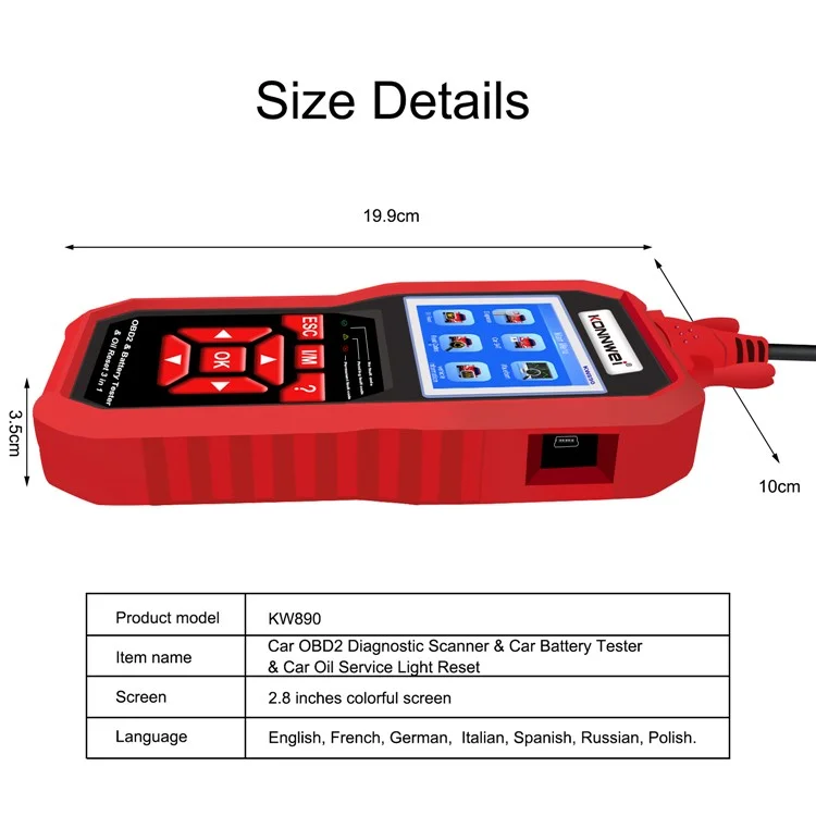 KONNWEI KW890 Car Diagnostic Instrument + Car Battery Detector + Oil Light Reset Multi-Function Car Tester