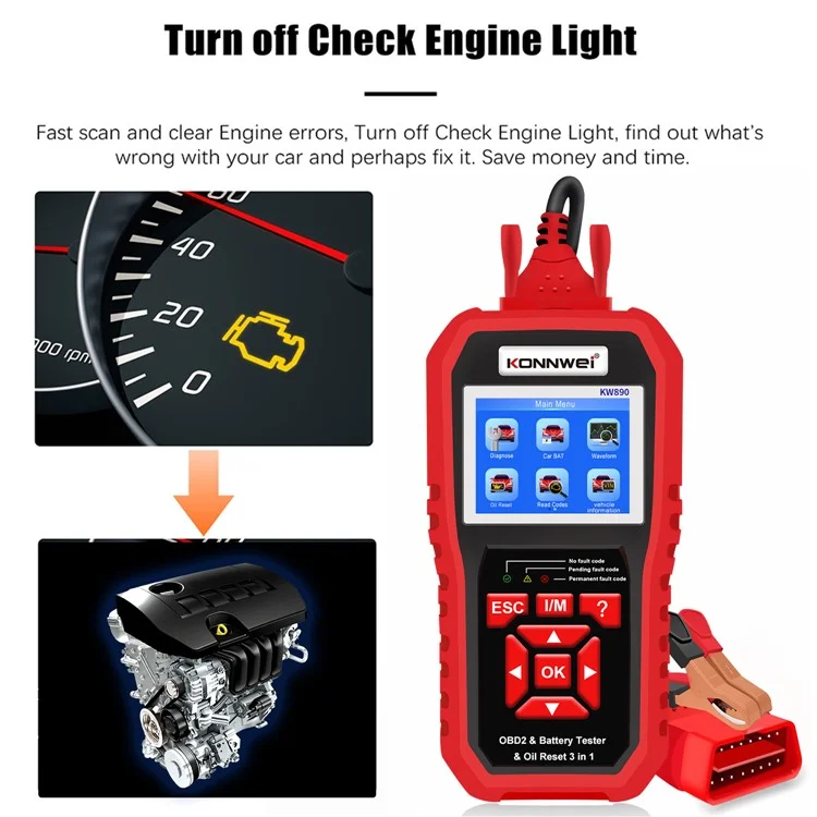 KONNWEI KW890 Car Diagnostic Instrument + Car Battery Detector + Oil Light Reset Multi-Function Car Tester