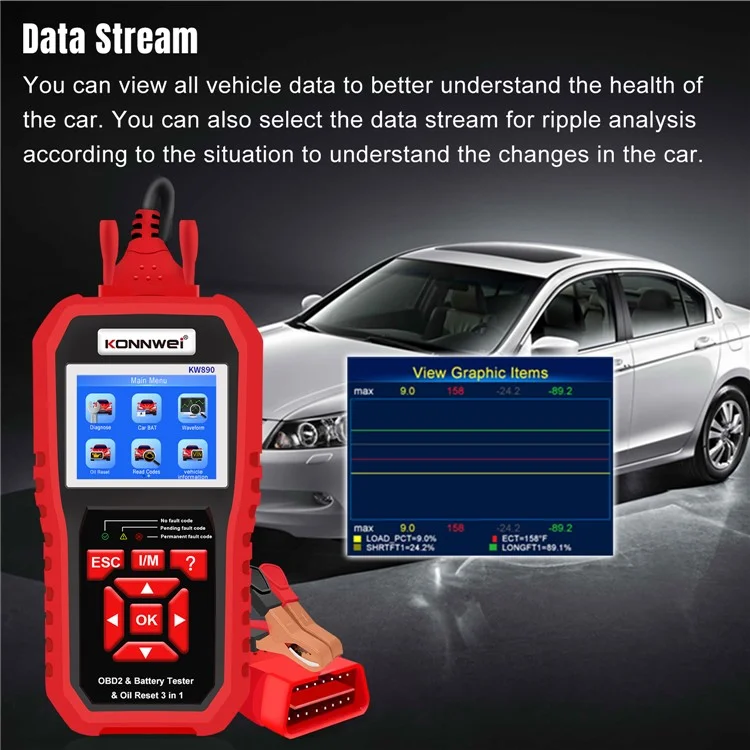 KONNWEI KW890 Car Diagnostic Instrument + Car Battery Detector + Oil Light Reset Multi-Function Car Tester