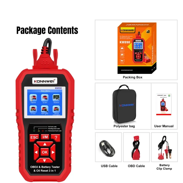 KONNWEI KW890 Car Diagnostic Instrument + Car Battery Detector + Oil Light Reset Multi-Function Car Tester