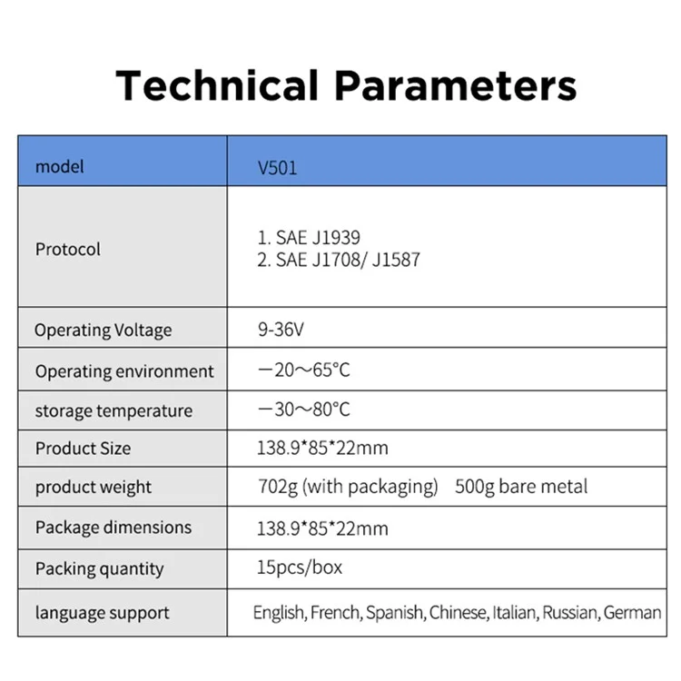 V501 OBD2 -auto -lkw -dieselöl Diagnosewerkzeug Fahrzeug Motorfehler Code Reader Scanner Analysator