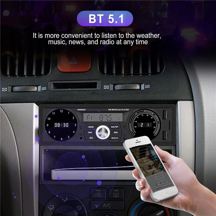 Lecteur MP3 Bluetooth universel pour voiture 8807 avec USB, fente pour carte TF et radio MP3 sans perte