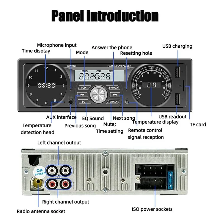 Lecteur MP3 Bluetooth universel pour voiture 8807 avec USB, fente pour carte TF et radio MP3 sans perte