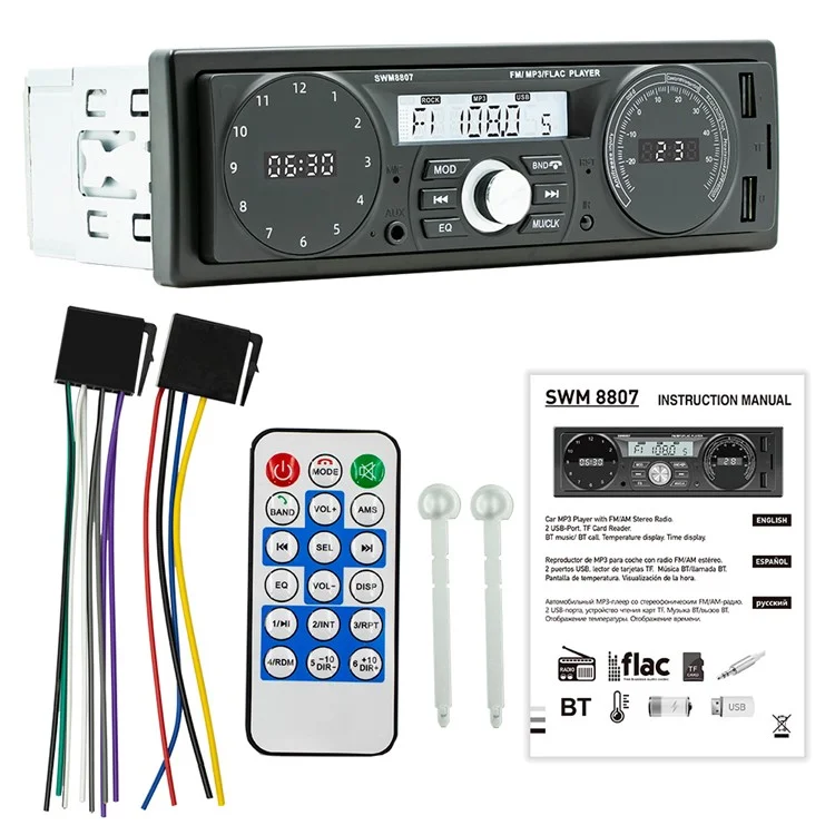Lecteur MP3 Bluetooth universel pour voiture 8807 avec USB, fente pour carte TF et radio MP3 sans perte