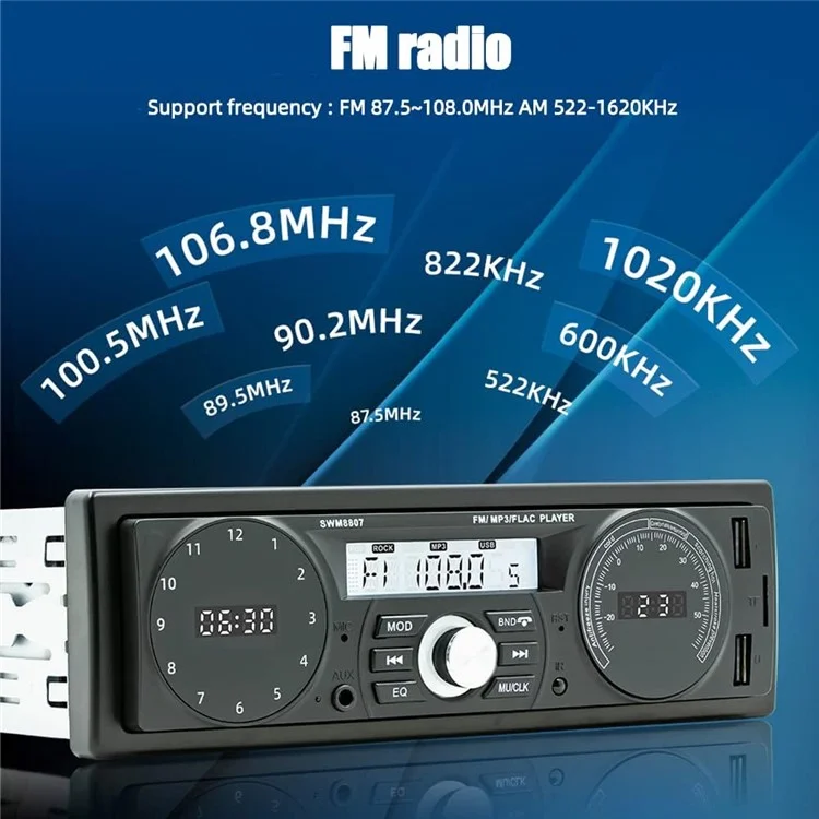 Lecteur MP3 Bluetooth universel pour voiture 8807 avec USB, fente pour carte TF et radio MP3 sans perte