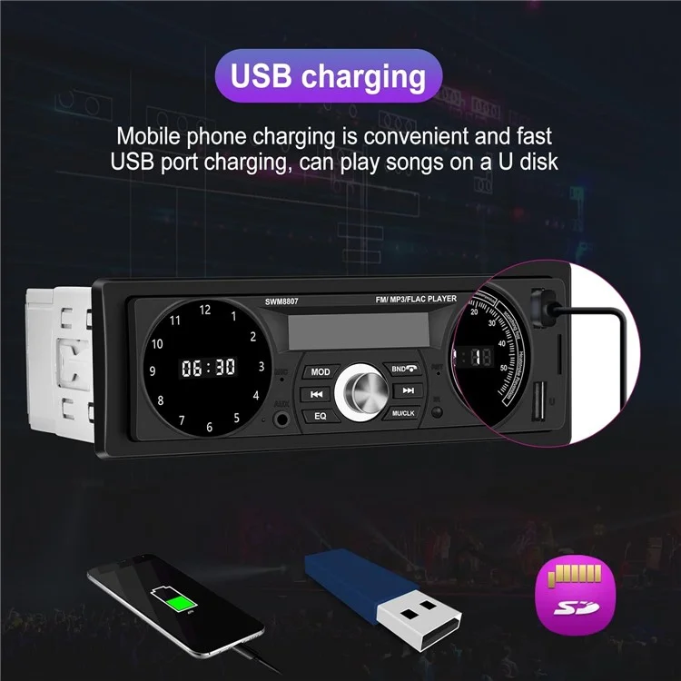 Lecteur MP3 Bluetooth universel pour voiture 8807 avec USB, fente pour carte TF et radio MP3 sans perte