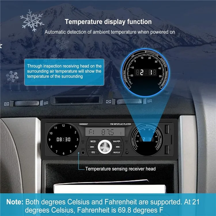 Lecteur MP3 Bluetooth universel pour voiture 8807 avec USB, fente pour carte TF et radio MP3 sans perte