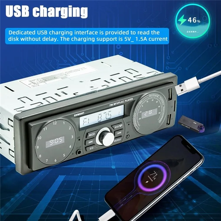Lecteur MP3 Bluetooth universel pour voiture 8807 avec USB, fente pour carte TF et radio MP3 sans perte