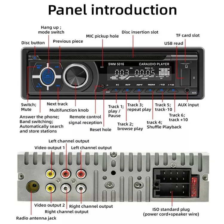 SWM-5015 Reproductor de MP3 para automóvil de un solo DIN con Bluetooth, multimedia, radio FM, CD, VCD y DVD