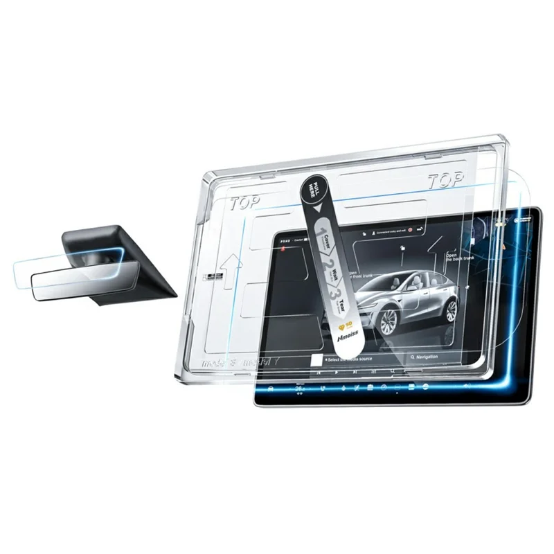 For Tesla Model 3 (2017-2023) / Model Y (2020-2025) Tempered Glass Film Car Display Navigation + Rearview Mirror Screen Protector - Transparent