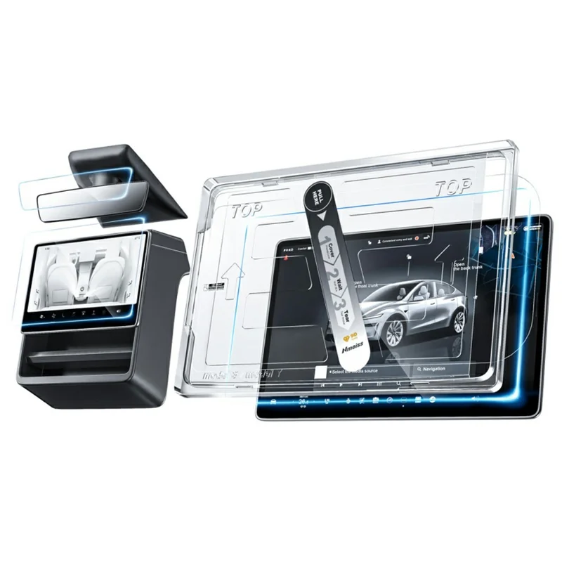 For Model Y (2020-2025) / Model 3 (2017-2023) Tempered Glass Film Kit Center Console Rearview Mirror Screen Protector - Transparen