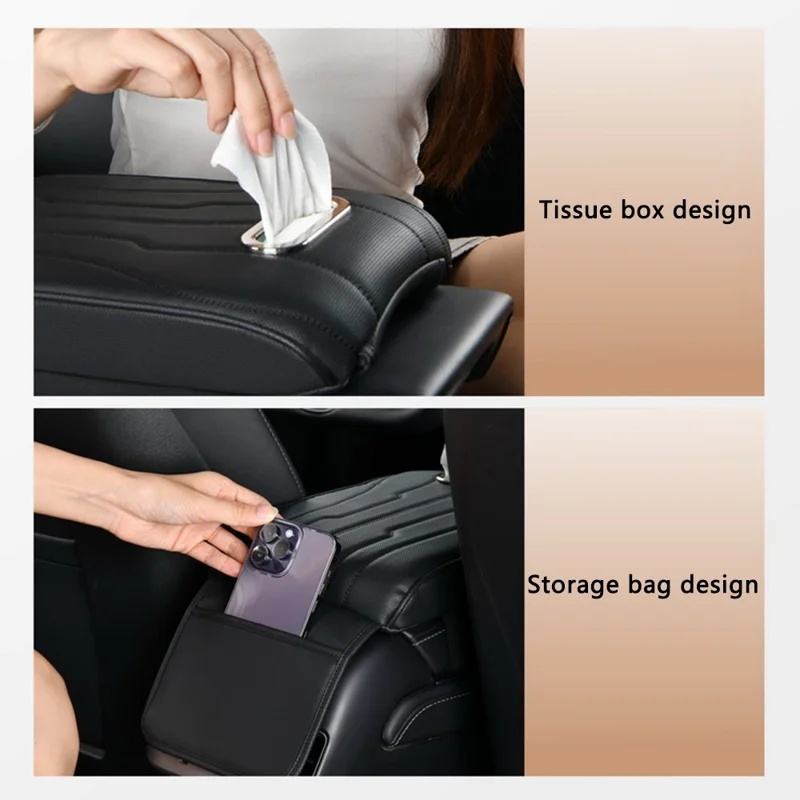 FSX001 Leather+Memory Foam Car Armrest Box Heighten Pad Car Armrest Box Cover Tissue Box - Brown