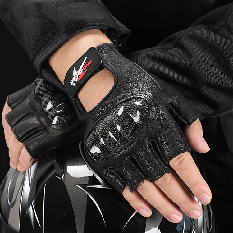 RIDING TRIBE MCS-59B 1 Par de Luvas de Couro Genuíno de Meia-Ponta com Capa de Fibra de Carbono Resistente para Corrida de Motocicleta - Preto/XL