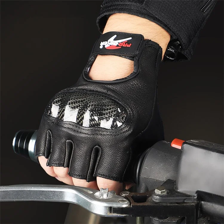 RIDING TRIBE MCS-59B 1 Par de Luvas de Couro Genuíno de Meia-Ponta com Capa de Fibra de Carbono Resistente para Corrida de Motocicleta - Preto/XL