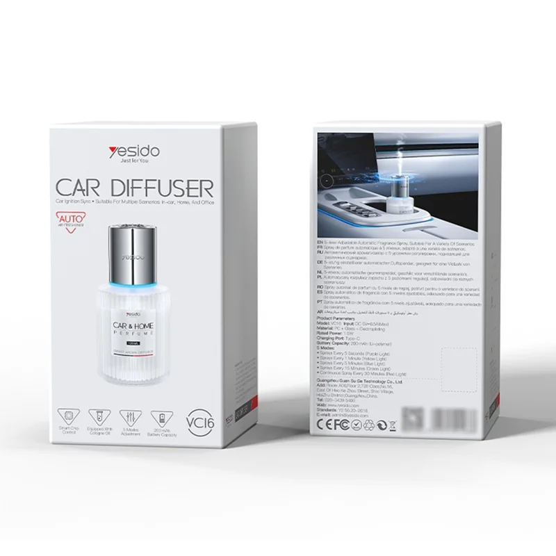 موزع عطور ذكي YESIDO VC16 للسيارة، قابل لإعادة الشحن عبر منفذ Type C، مع 5 أوضاع، معطّر هواء تلقائي