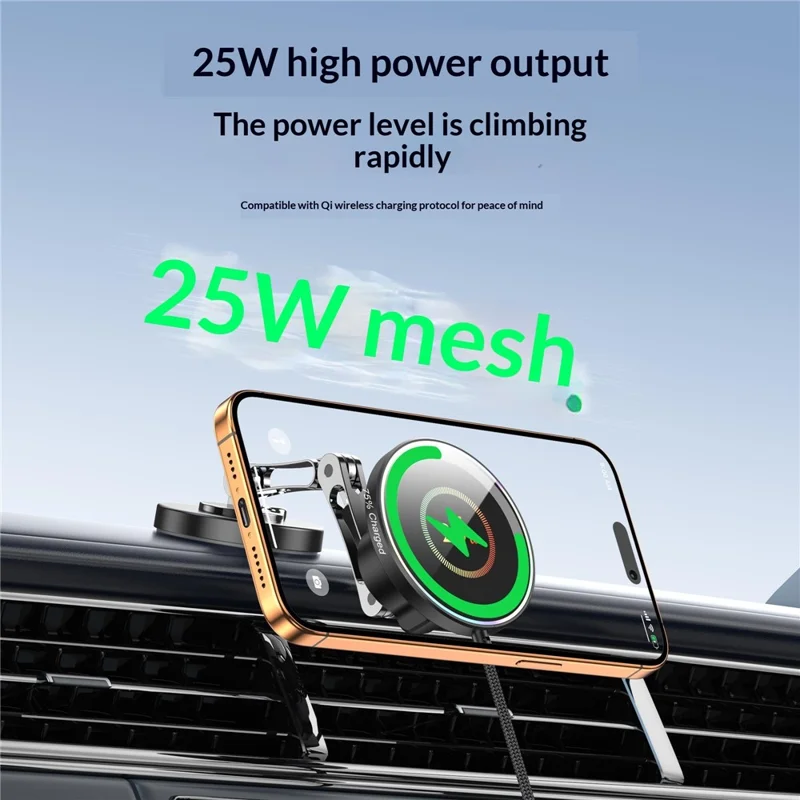 25W Car Mount Wireless Charger Fast Charging Magnetic Phone Holder 360 Degree Rotating Stand for Dashboard - Black Grey  /  Circular Pattern