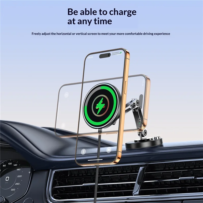 25W Car Mount Wireless Charger Fast Charging Magnetic Phone Holder 360 Degree Rotating Stand for Dashboard - Black Grey  /  Circular Pattern