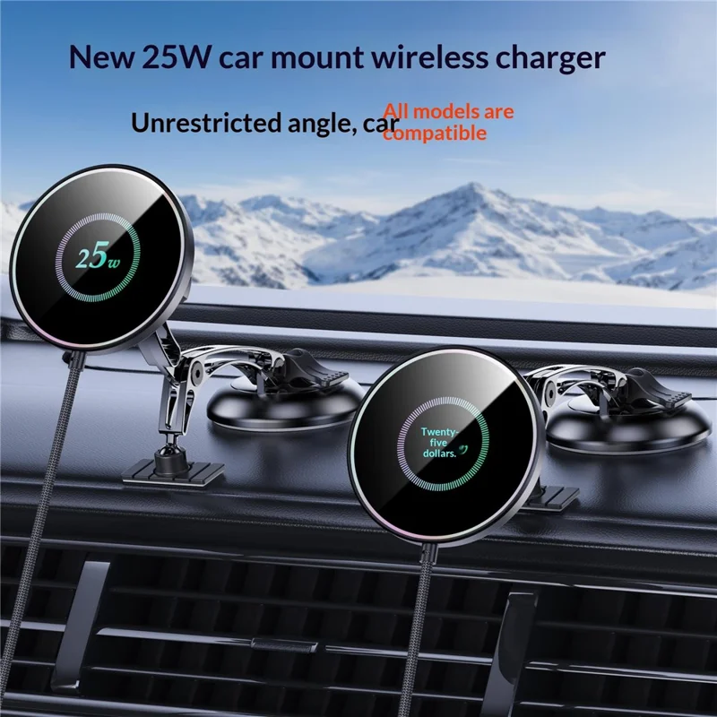 25W Wireless Car Charger Stand Magnetic Compatible with MagSafe Dashboard Windshield Phone Holder - Round Pattern