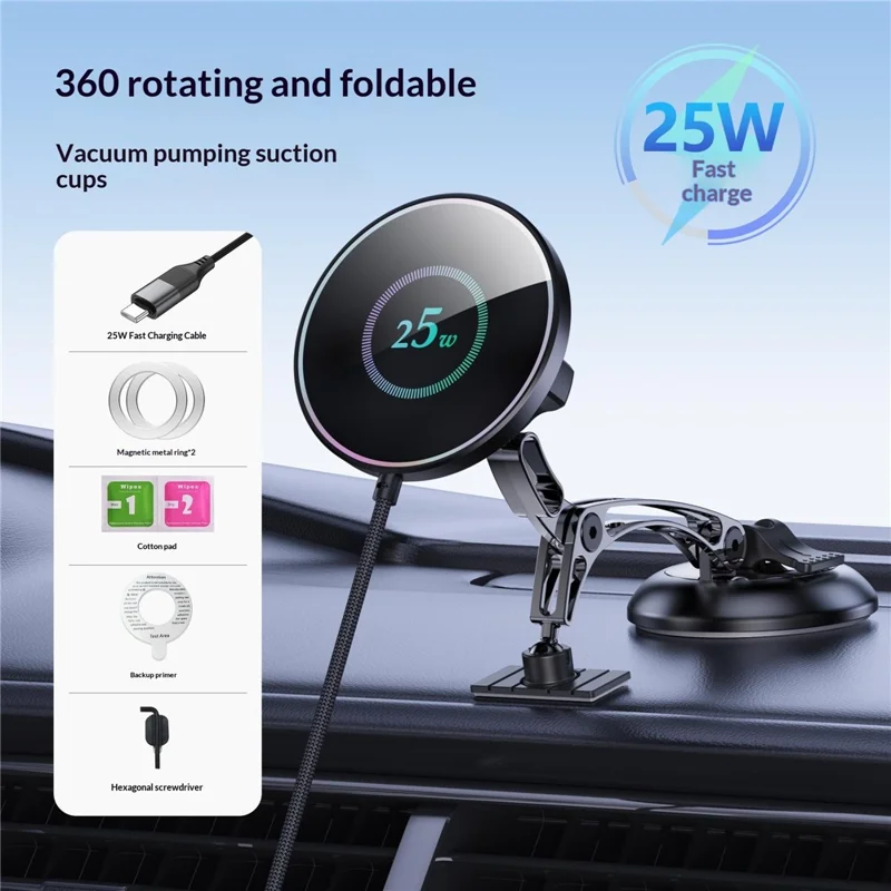 25W Wireless Car Charger Stand Magnetic Compatible with MagSafe Dashboard Windshield Phone Holder - Round Pattern
