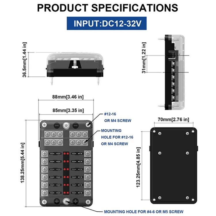 WUPP CS-664A2 32V Plastic Cover Fuse Box Holder M5 Stud with LED Indicator 5A 10A 15A 20A Fuses Spade for Cars SUV