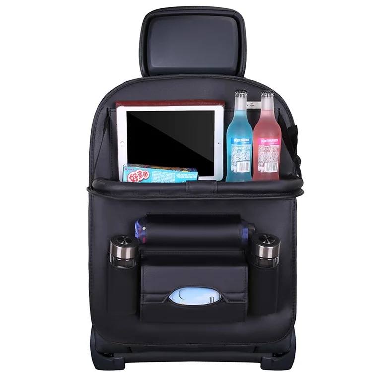 Car Back Seat Organizer Storage Bag with Foldable Table Tray Tablet Holder Tissue Box - Black