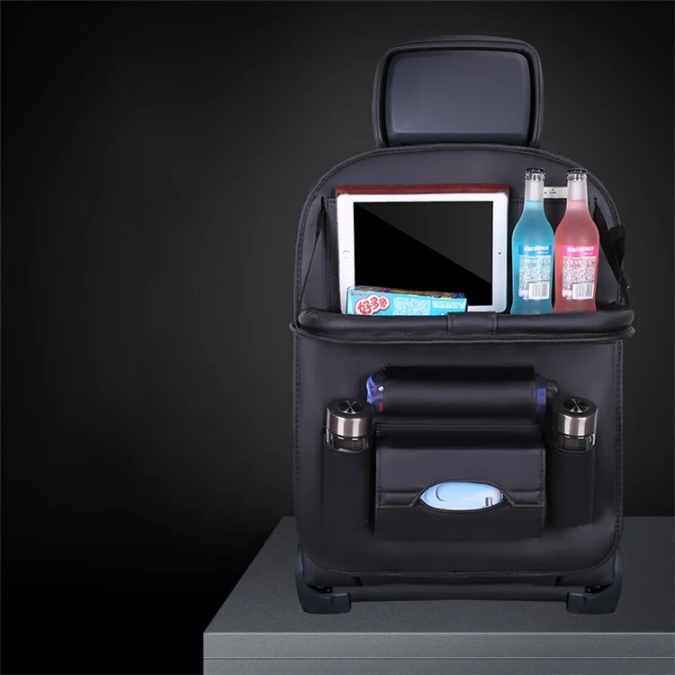 Car Back Seat Organizer Storage Bag with Foldable Table Tray Tablet Holder Tissue Box - Black