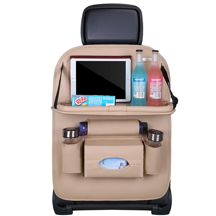Car Back Seat Organizer Storage Bag with Foldable Table Tray Tablet Holder Tissue Box - Beige