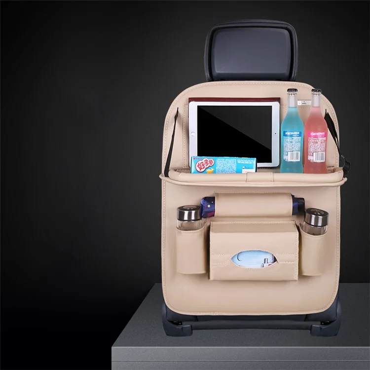 Car Back Seat Organizer Storage Bag with Foldable Table Tray Tablet Holder Tissue Box - Beige
