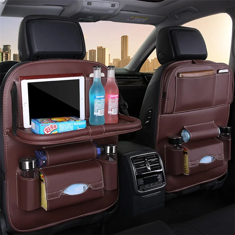 Car Back Seat Organizer Storage Bag with Foldable Table Tray Tablet Holder Tissue Box - Beige