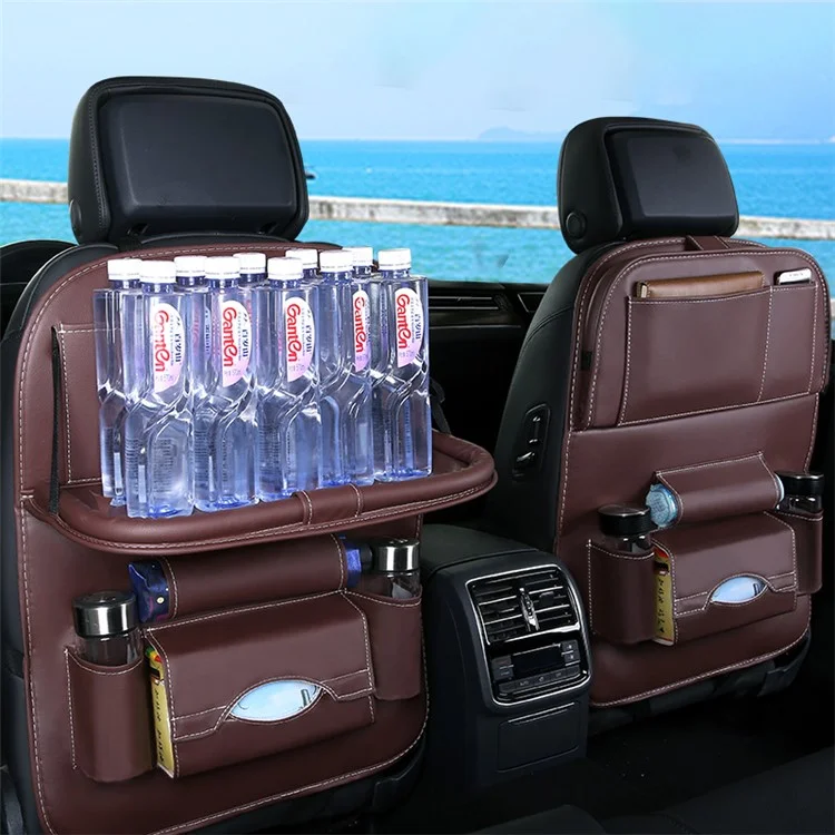 Car Back Seat Organizer Storage Bag with Foldable Table Tray Tablet Holder Tissue Box - Beige
