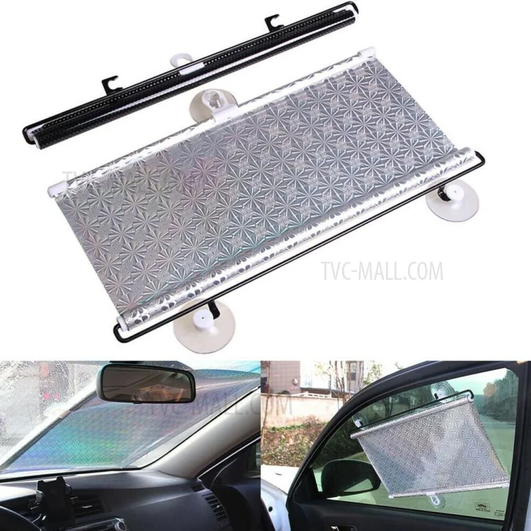 40*60cm Suction Cup Mount Automatic Retractable Sunshade Curtain Anti-UV Protection Truck Windshield Screen - Silver