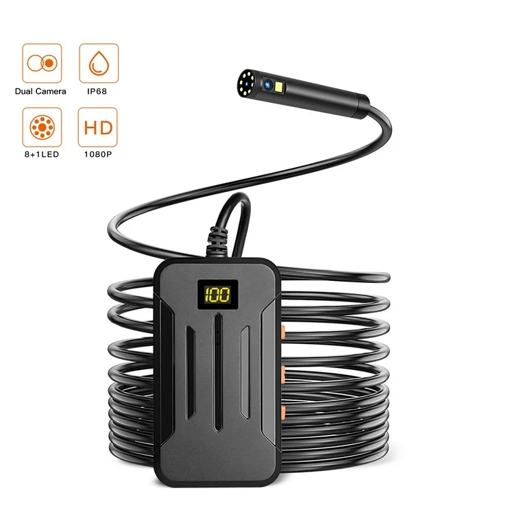 Câmera Endoscópica Industrial F300 5m Hard Wire 1080P Dual Lens 8mm Dimmable 9-LED WiFi IP68 à Prova d'água