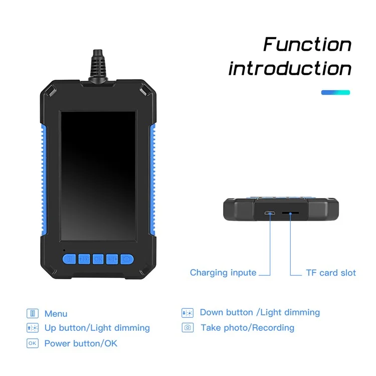 P40 2m Hard Wire 4.3 inch Screen Industrial Endoscope 5.5mm HD 1080P Rechargeable Waterproof Inspection Camera with 6 LEDs - Azul