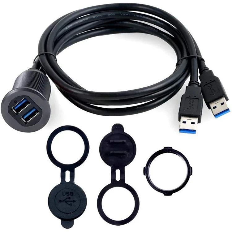 1m Metal Case Dual USB 3.0 Extension Cable Waterproof Car Dashboard Data Cable Mount Panel with LED for Ship/Motorbike/Car Dashboard - Black