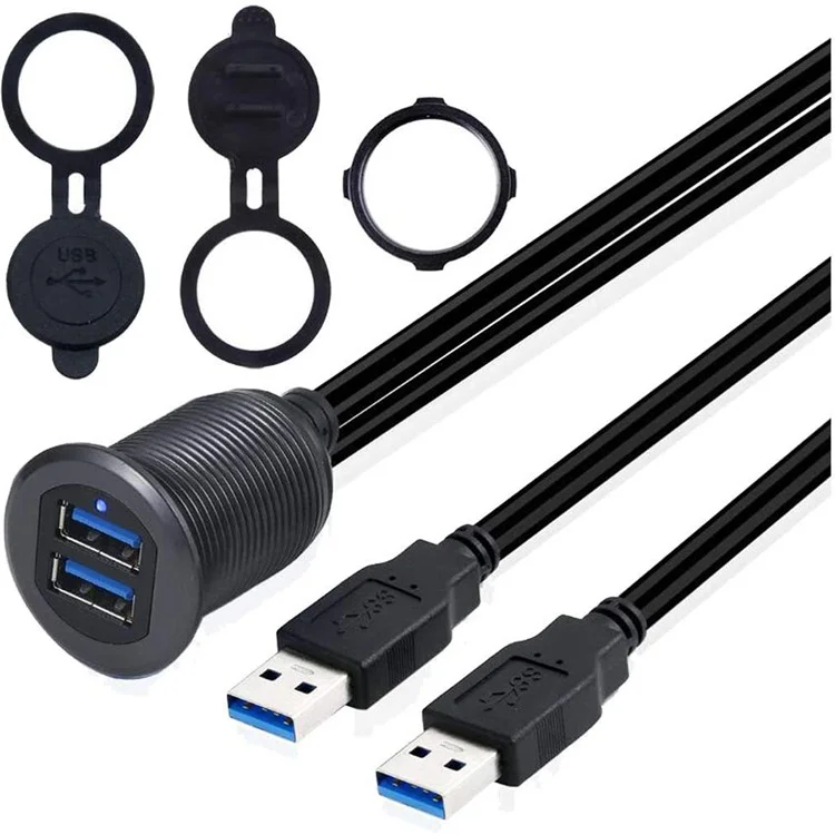 1m Metal Case Dual USB 3.0 Extension Cable Waterproof Car Dashboard Data Cable Mount Panel with LED for Ship/Motorbike/Car Dashboard - Black