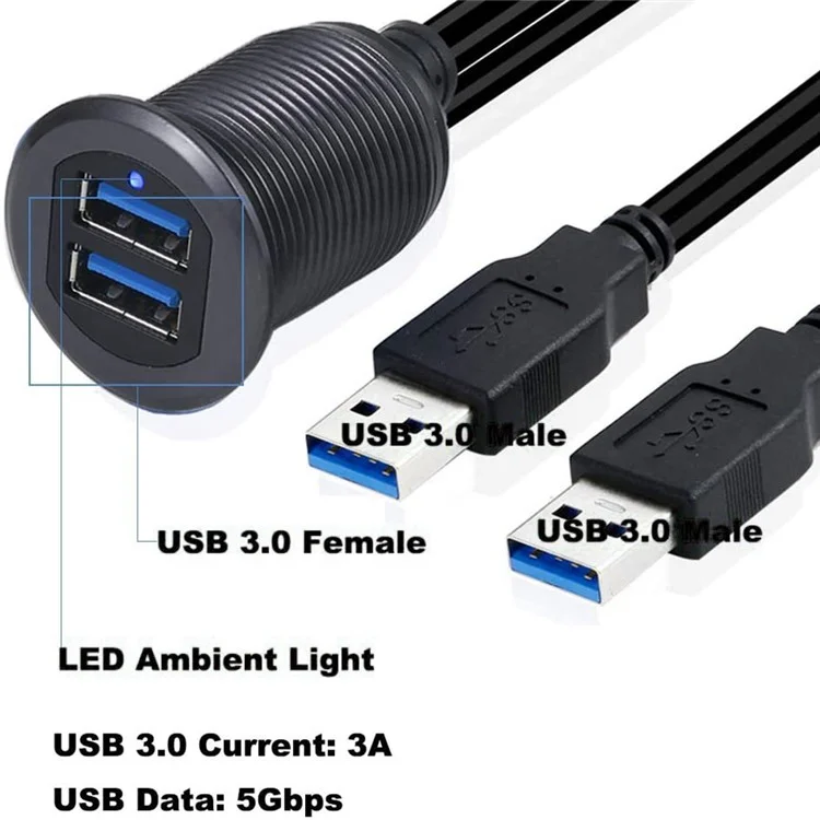 1m Metal Case Dual USB 3.0 Extension Cable Waterproof Car Dashboard Data Cable Mount Panel with LED for Ship/Motorbike/Car Dashboard - Black
