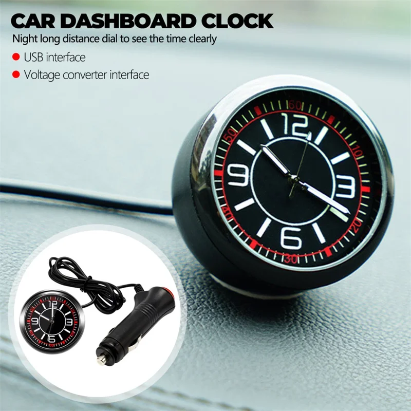 Luminous Mini Car Dashboard Round Quartz Clock Vehicle Interior Decoration - USB Plug