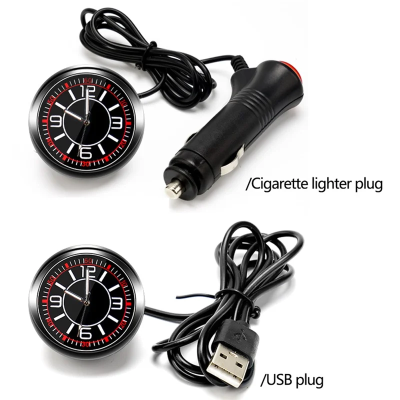 Luminous Mini Car Dashboard Round Quartz Clock Vehicle Interior Decoration - USB Plug