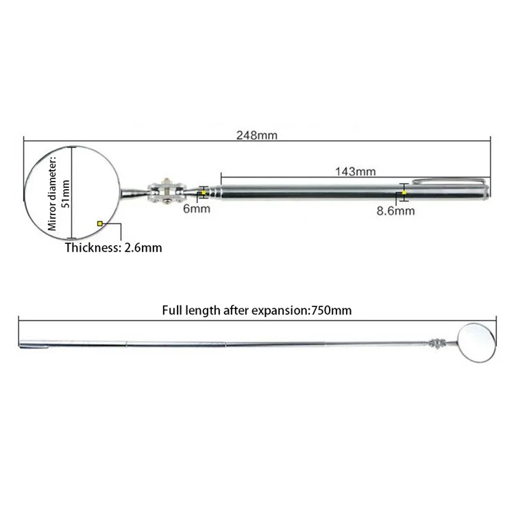 Espejo de inspección telescópico portátil de 51 cm, herramienta de vista angular para reparación y detección - Plata