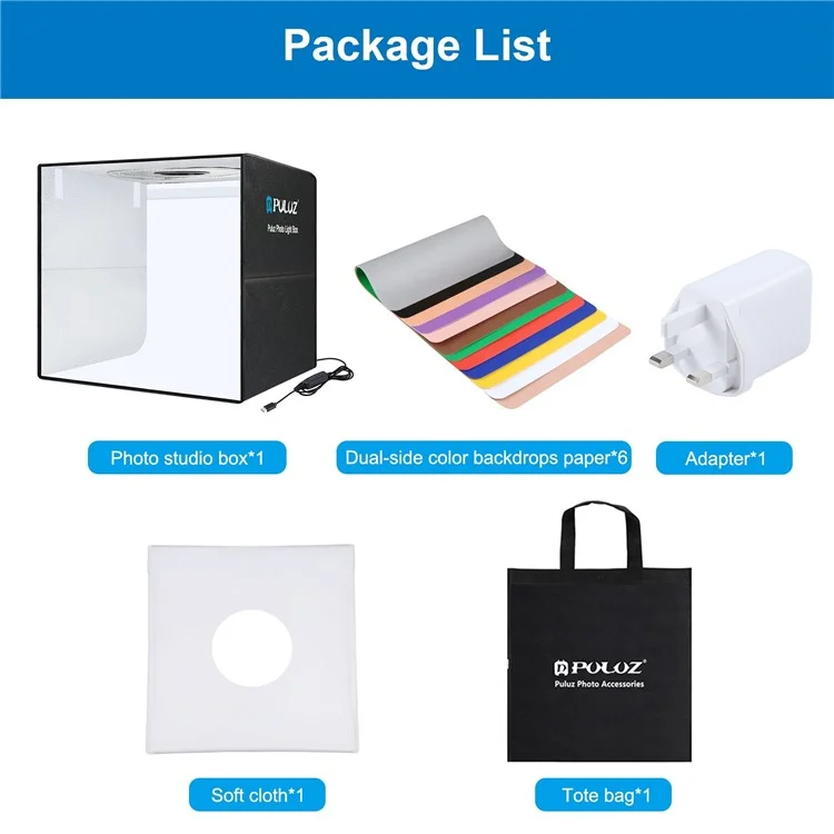 PULUZ PU5051 50x50cm LED Photography Box PD 30W Fast Charge Photo Studio Tent Box with 6 Backdrops - US Plug