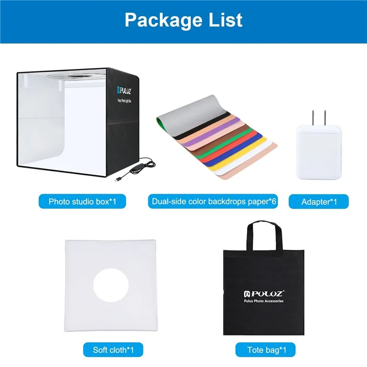 PULUZ PU5051 50x50cm LED Photography Box PD 30W Fast Charge Photo Studio Tent Box with 6 Backdrops - EU Plug