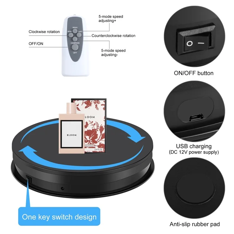 PULUZ PU3131 30cm Speed Control Turntable ABS+PC Display Stand Shooting Prop Turntable - Black  /  US Plug