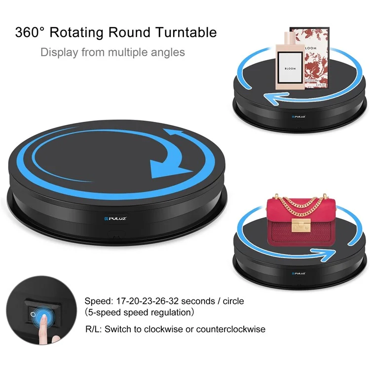 PULUZ PU3131 30cm Speed Control Turntable ABS+PC Display Stand Shooting Prop Turntable - Black  /  US Plug