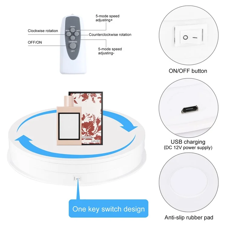 PULUZ PU3131 30cm Speed Control Turntable ABS+PC Display Stand Shooting Prop Turntable - White  /  EU Plug