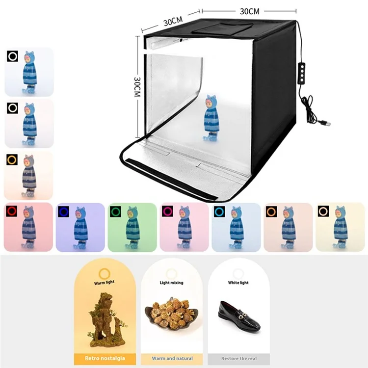 Caja de luz de estudio fotográfico LED alimentada por USB con 3 temperaturas de color y 7 colores RGB, Carpa de fotografía portátil de 30 cm