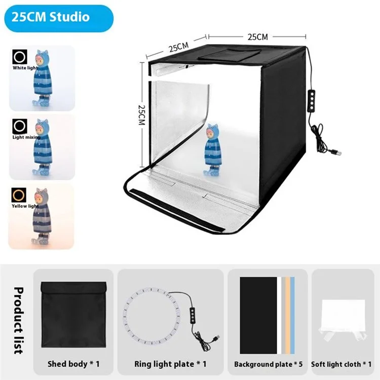 Boîte lumineuse de studio photo portable de 25 cm avec 3 anneaux lumineux de couleur